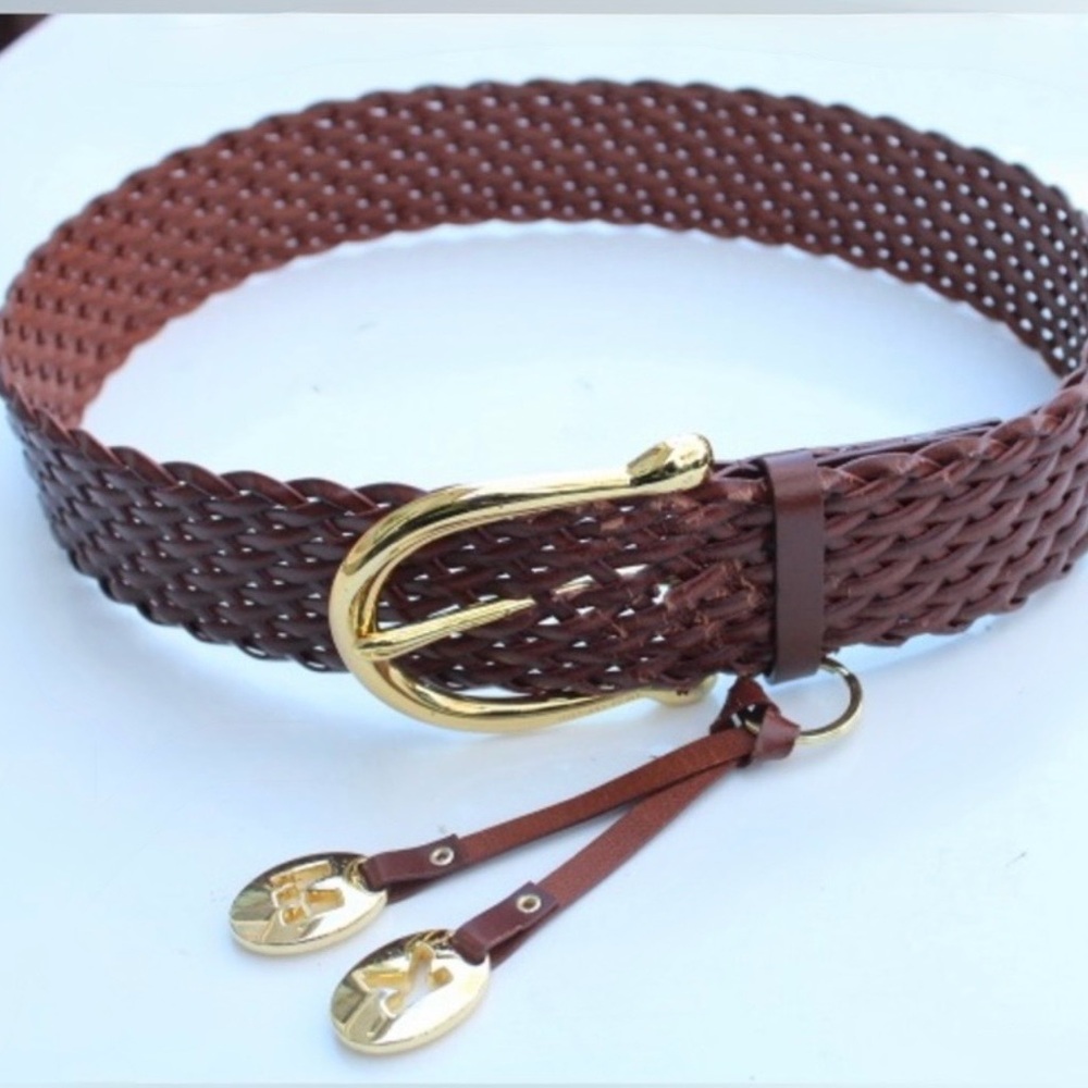Michael Kors Brown Woven Leather Belt with Gold Buckle